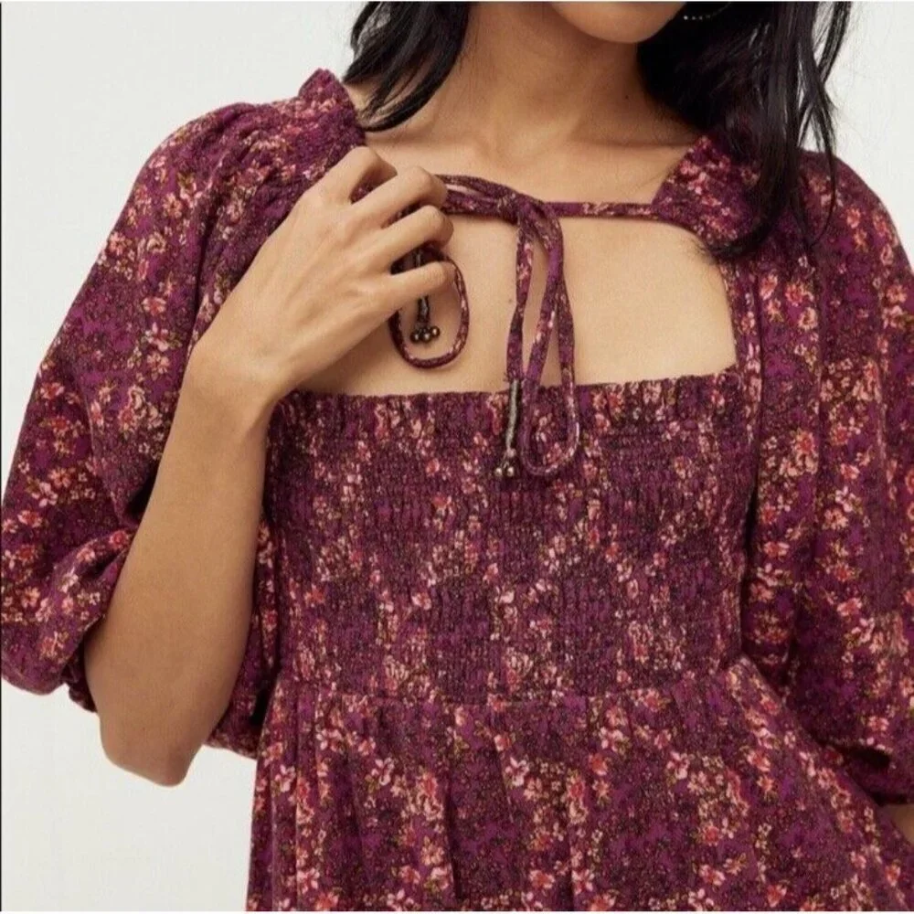 Free People Smocked Mini Dress This Is Everything Black Boho Sz‎ Medium NEW